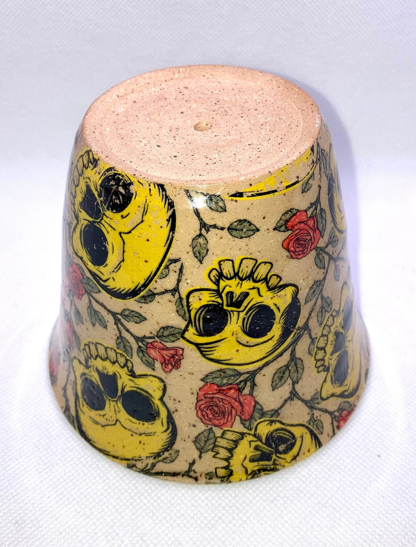 Small Skull Planter Pot Yellow Skulls with Roses, Drainage Hole.