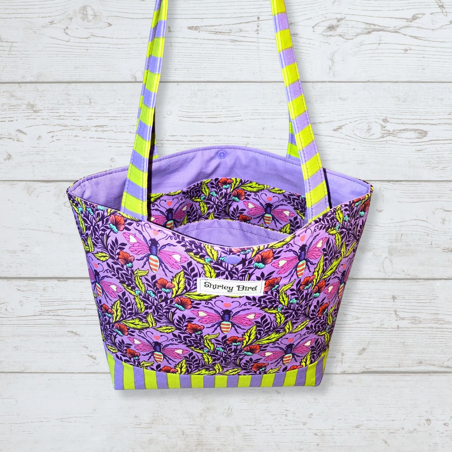 Purple Bees Shoulder Bag: Handmade Cotton Handbag with Snap Closure