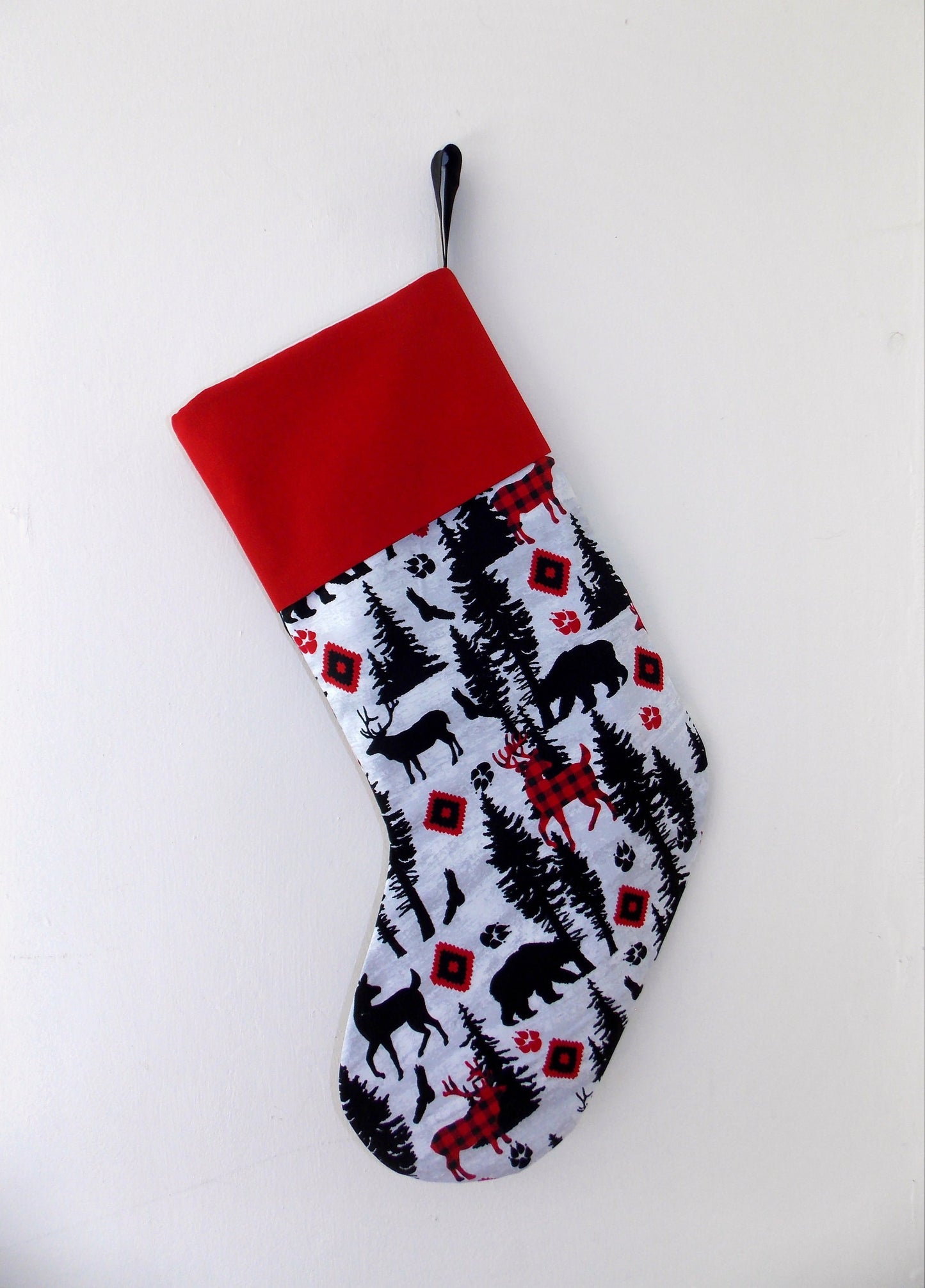 Deer Bear Elk Cabin Decor Plaid Fabric Handmade Christmas Stocking