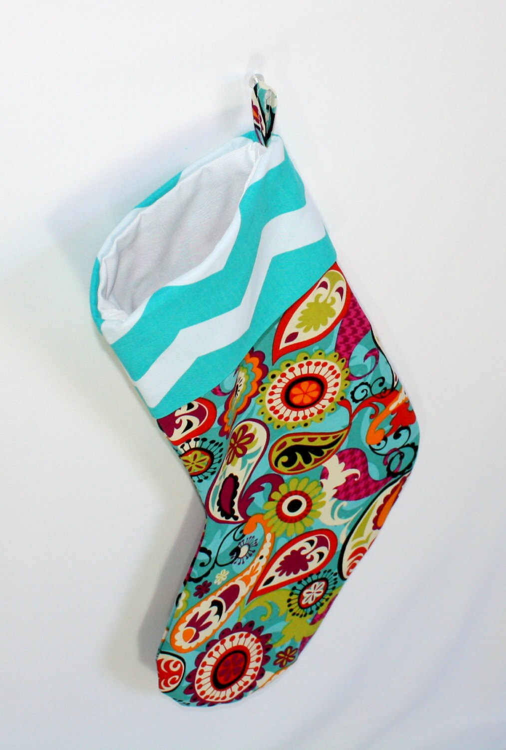 Teal Paisley and Chevron Christmas Stocking, Hand Made, Lined