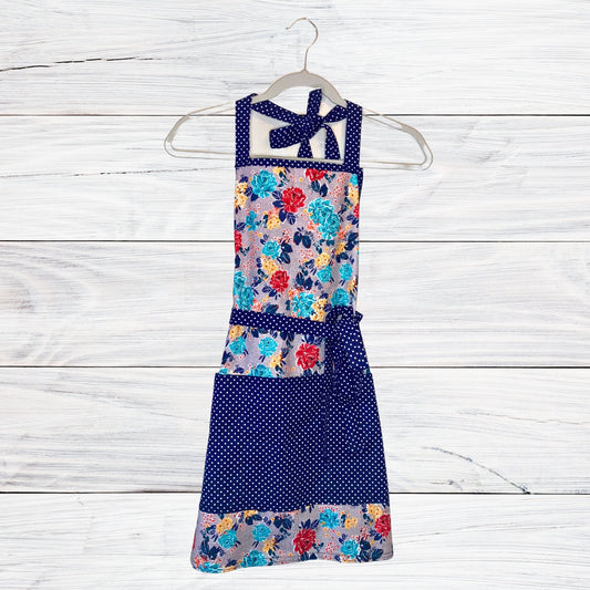 Blue Flowers Polka Dots, Vintage vibes, kitchen cook chef baker mom girlfriend stocking stuffer