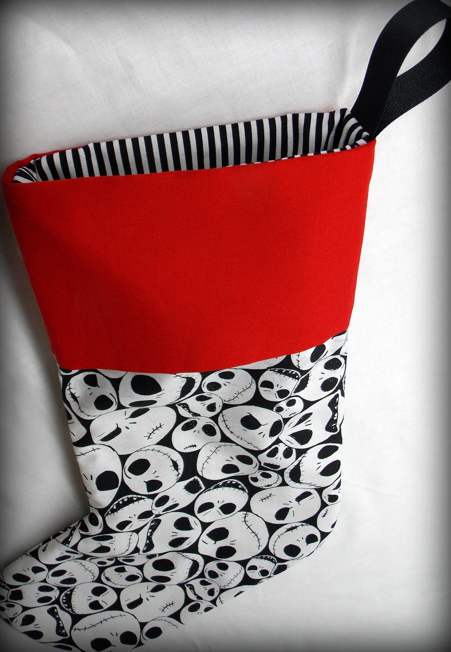 Nightmare before Christmas Stocking, Lined with Black & White Stripes, Red cuff, FREE SHIPPING in USA