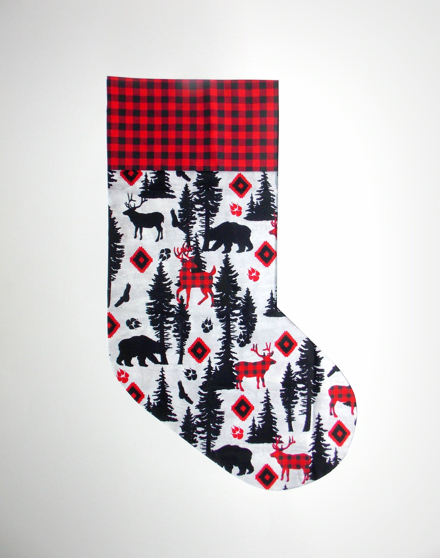 Deer Bear Elk Cabin Decor Plaid Fabric Handmade Christmas Stocking