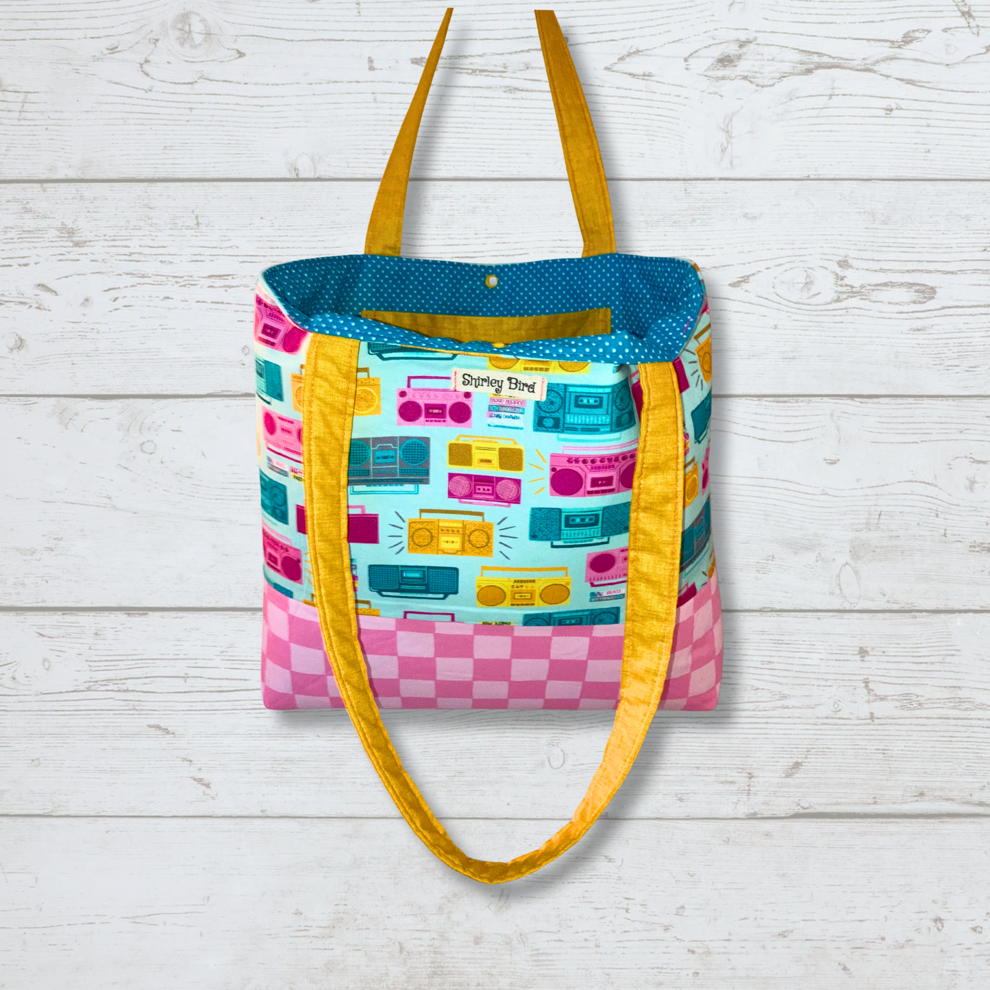 Retro Vibes Boombox Tote Bag - Pink Blue Yellow music