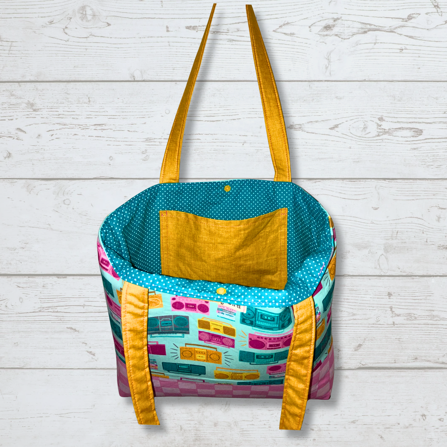 Retro Vibes Boombox Tote Bag - Pink Blue Yellow music