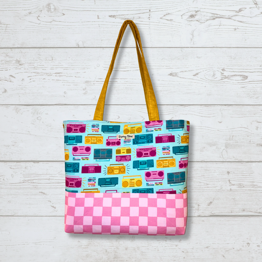 Retro Vibes Boombox Tote Bag - Pink Blue Yellow music