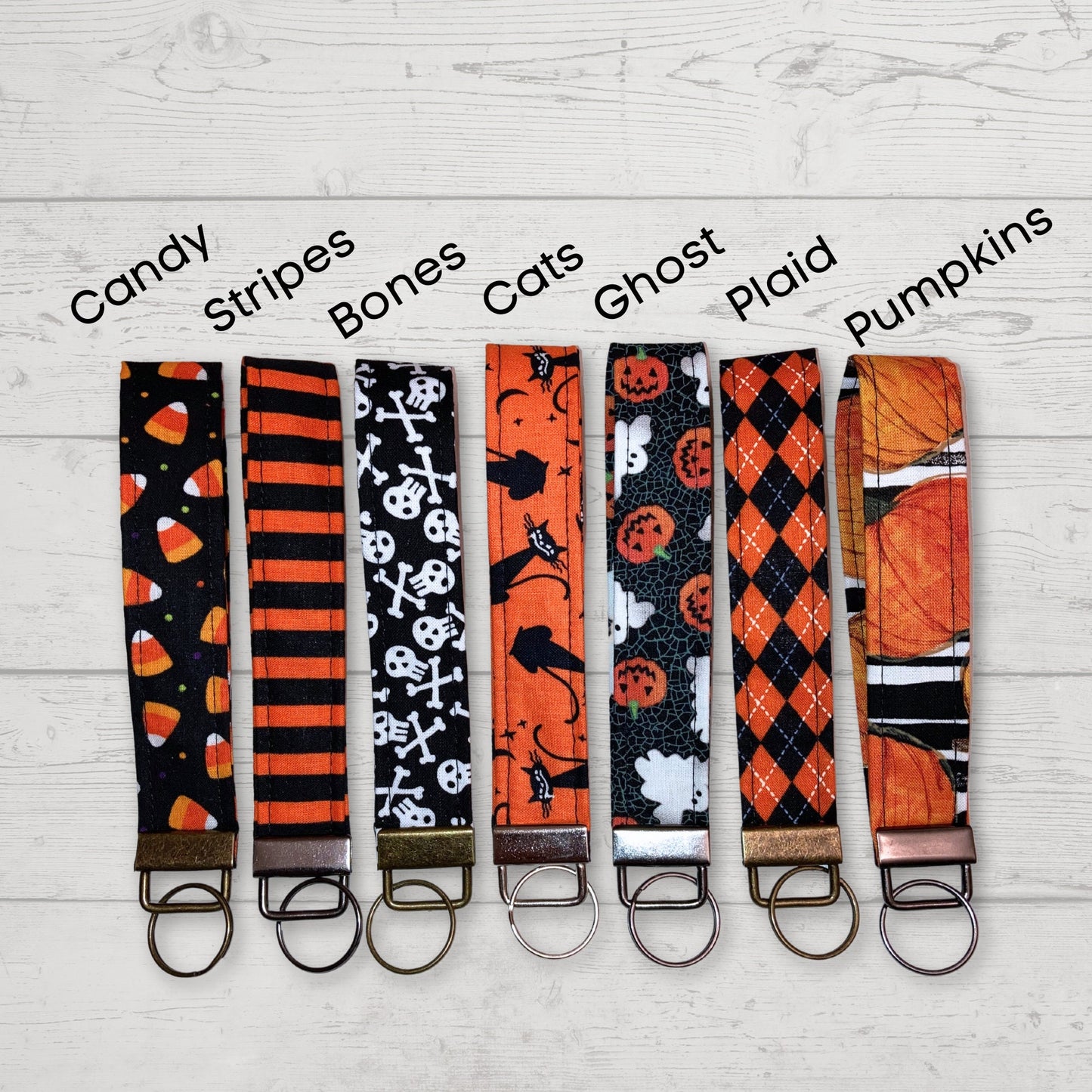 Halloween Key Fob Keychain Wristlet Keys Spooky Candy Orange Stripes Bones Cats Ghost Pumpkins