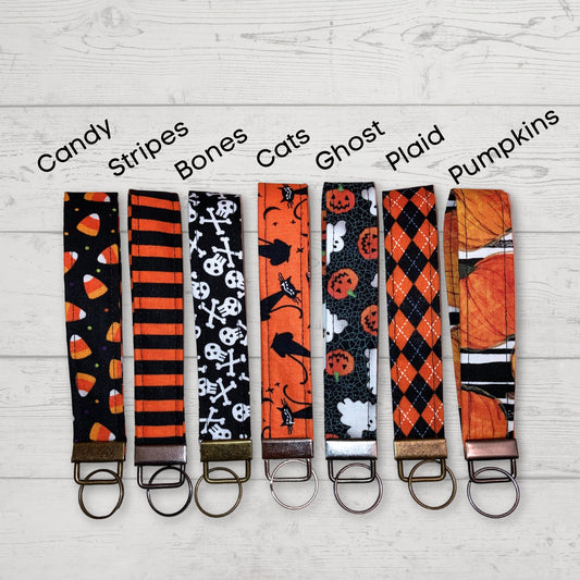 Halloween Key Fob Keychain Wristlet Keys Spooky Candy Orange Stripes Bones Cats Ghost Pumpkins