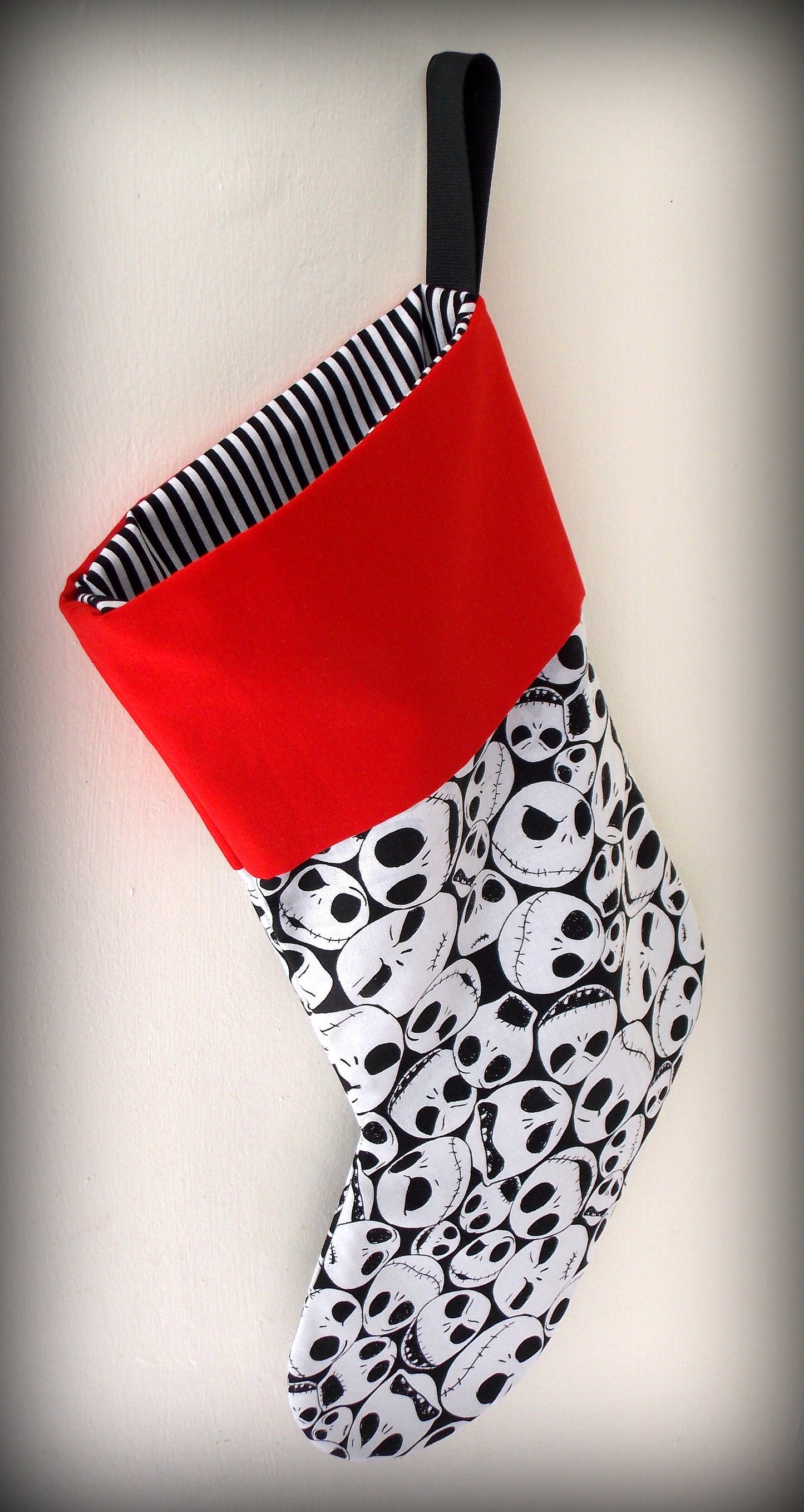 Nightmare before Christmas Stocking, Lined with Black & White Stripes, Red cuff, FREE SHIPPING in USA