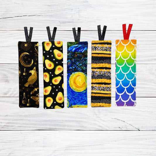 Fabric Bookmark, Stocking Stuffer, Book lover, Librarian, Teacher, Grandparent gifts, magic witchy avocado starry night stripes rainbow fish