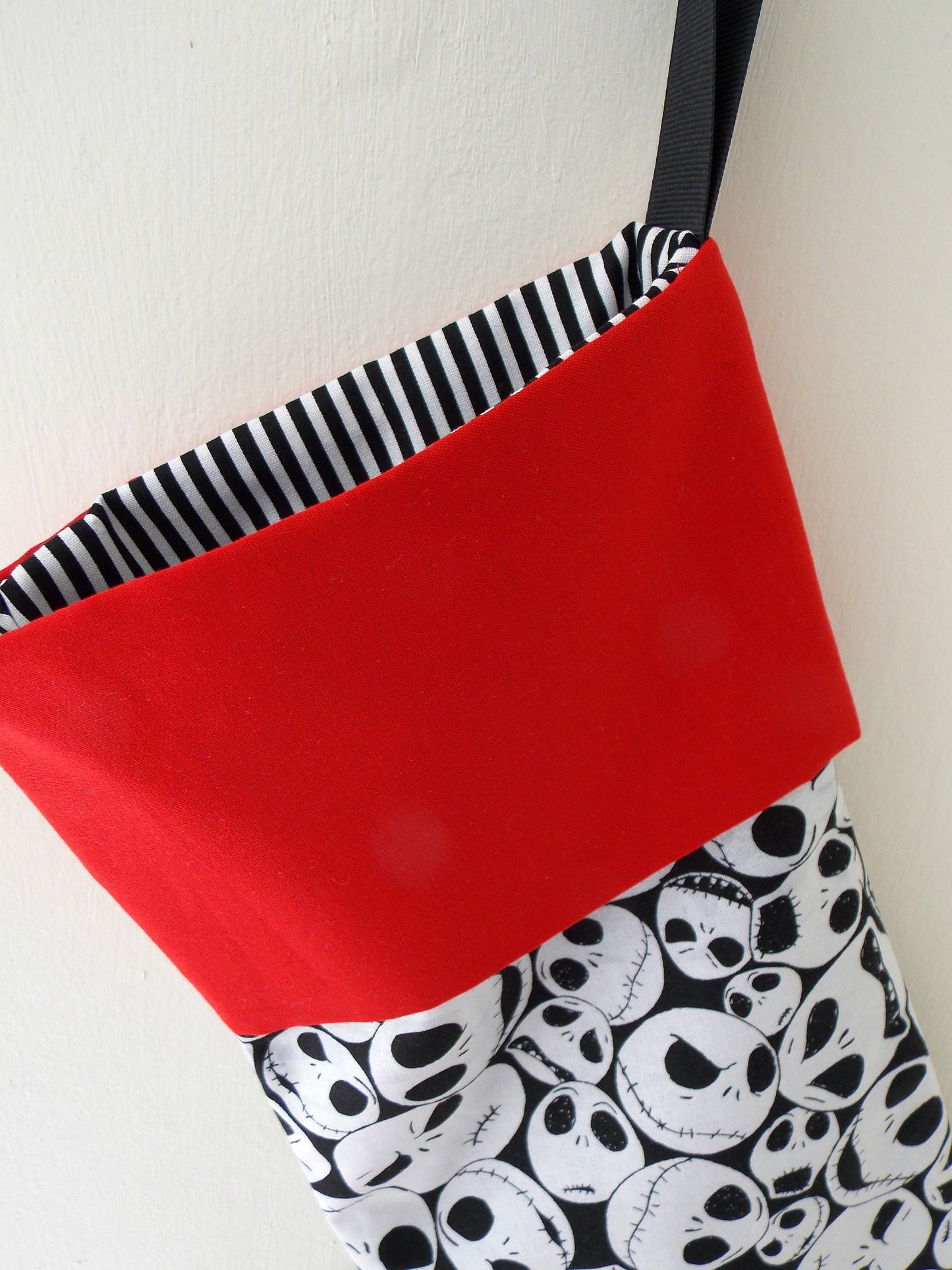 Nightmare before Christmas Stocking, Lined with Black & White Stripes, Red cuff, FREE SHIPPING in USA