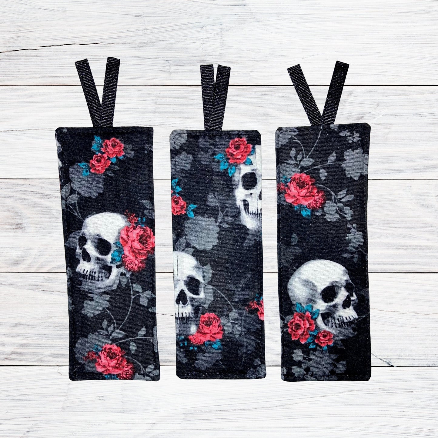 Fabric Bookmark, Skulls with flowers, Stocking Stuffer, Book lover, Read, Librarian, Teacher, Grandparent gifts