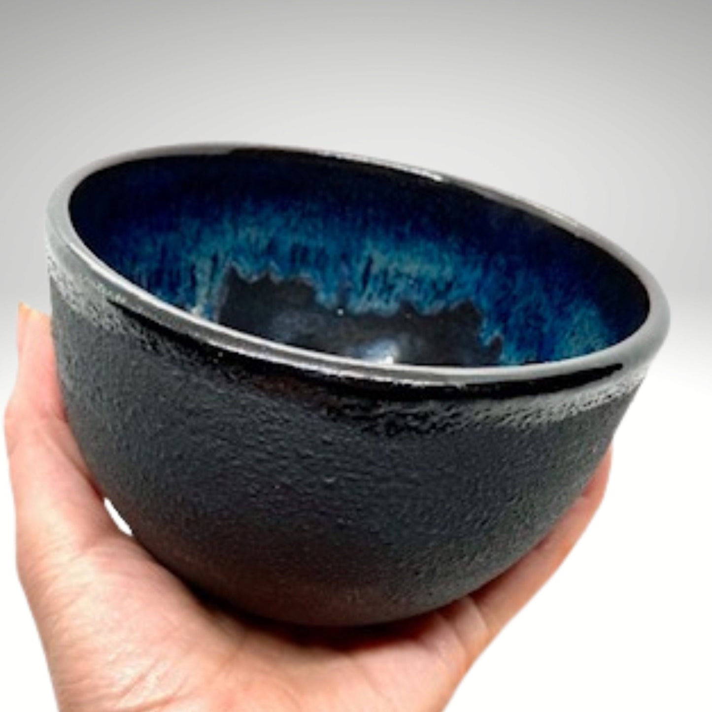 Matte Black Stoneware Handmade Bowl with Blue, Pottery Ceramics