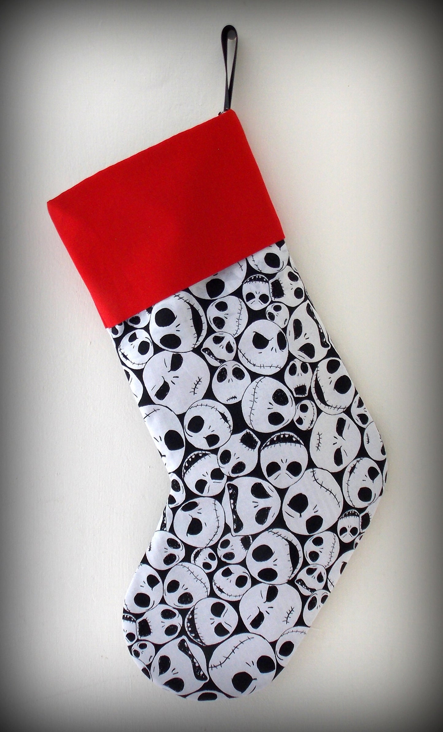 Nightmare before Christmas Stocking, Lined with Black & White Stripes, Red cuff, FREE SHIPPING in USA