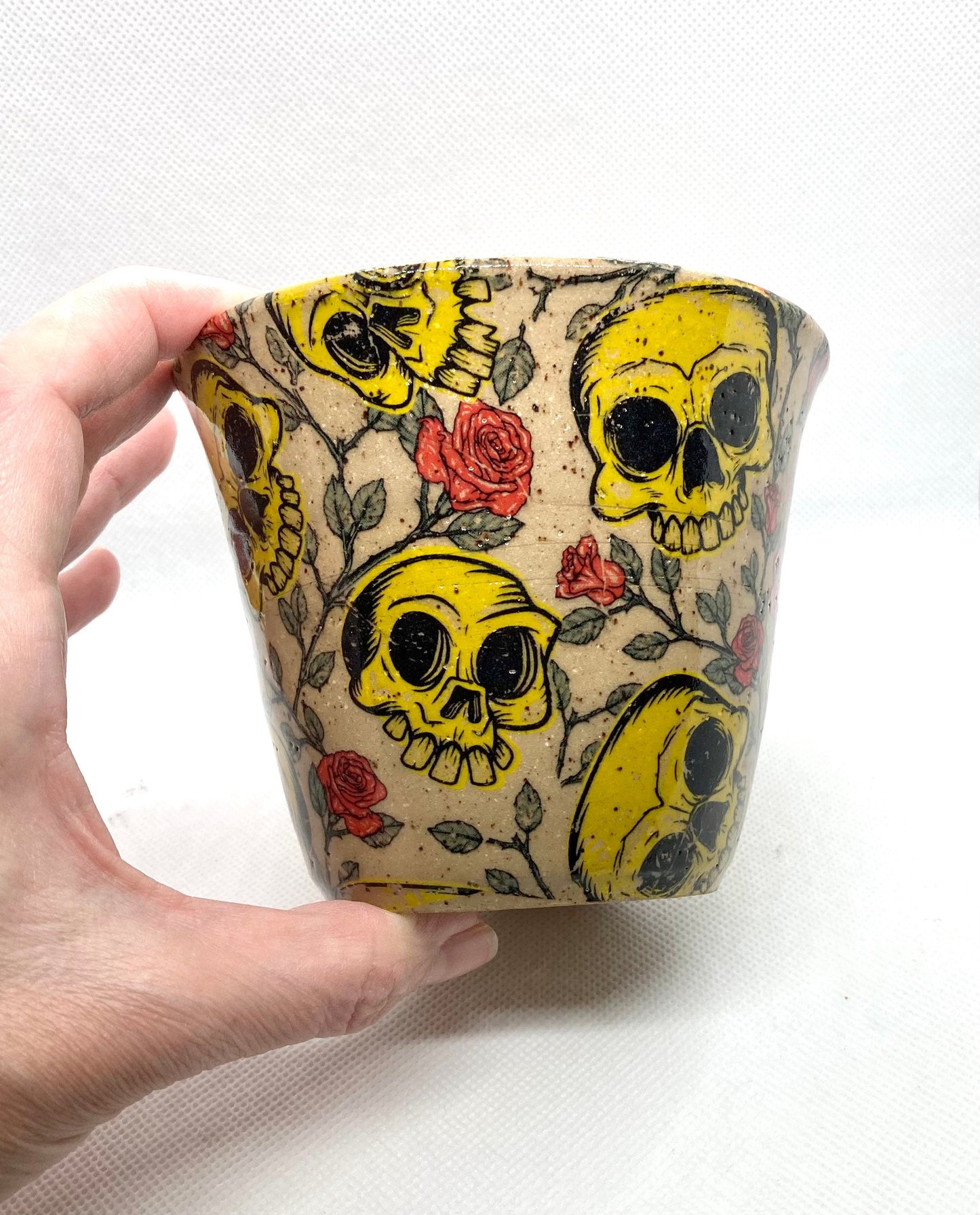 Small Skull Planter Pot Yellow Skulls with Roses, Drainage Hole.