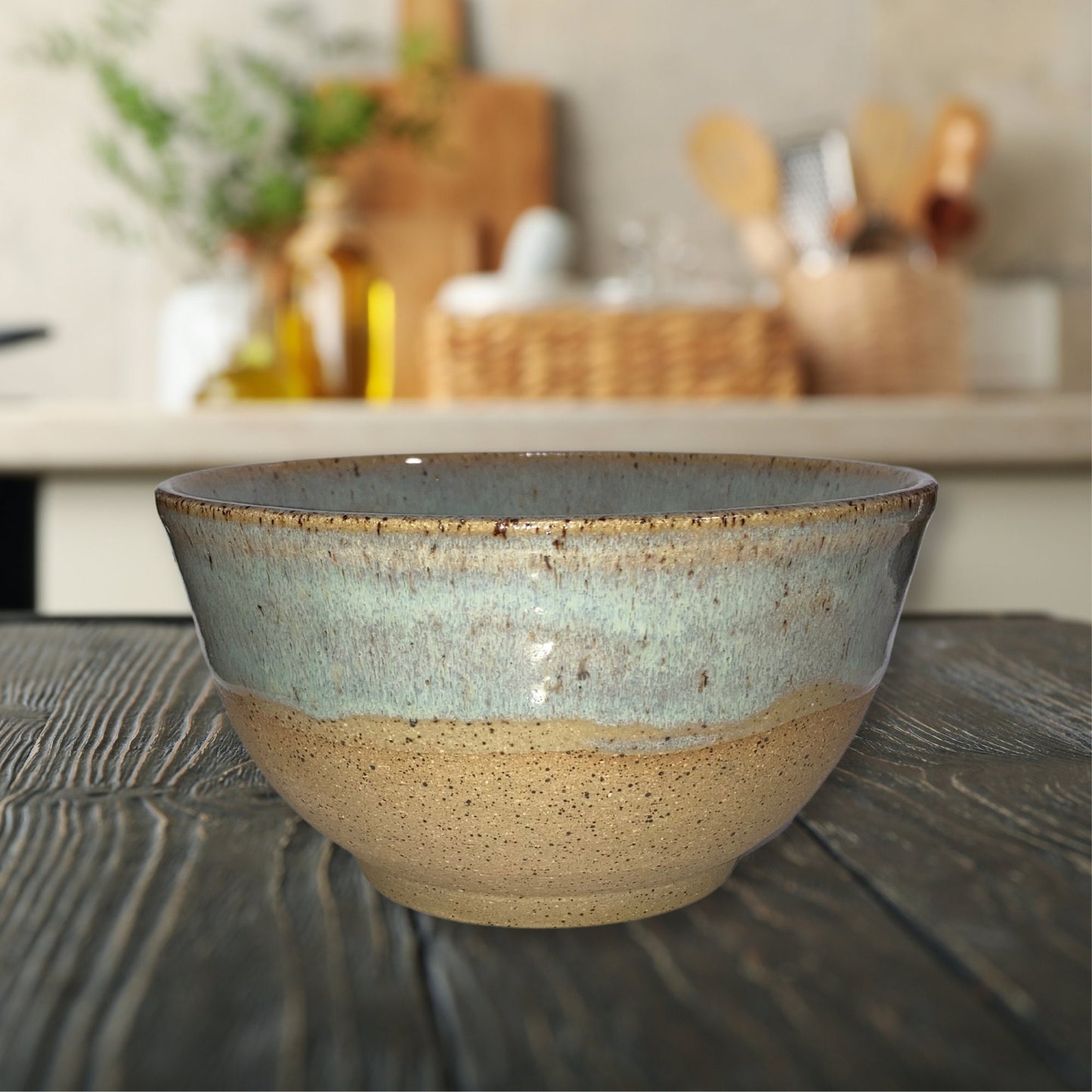 Light Stoneware Bowl Hand Thrown on Wheel, Blue Speckled Natural