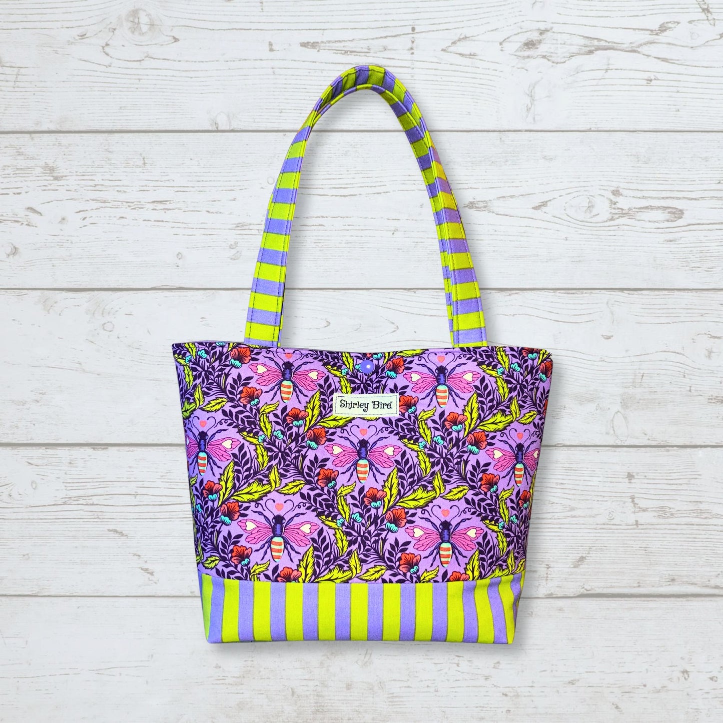 Purple Bees Shoulder Bag: Handmade Cotton Handbag with Snap Closure