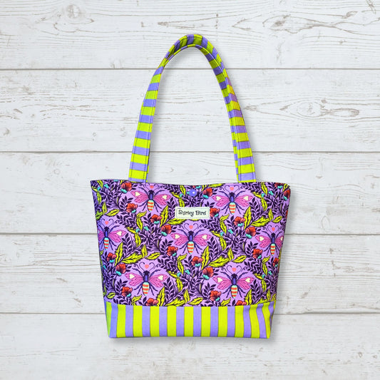 Purple Bees Shoulder Bag: Handmade Cotton Handbag with Snap Closure