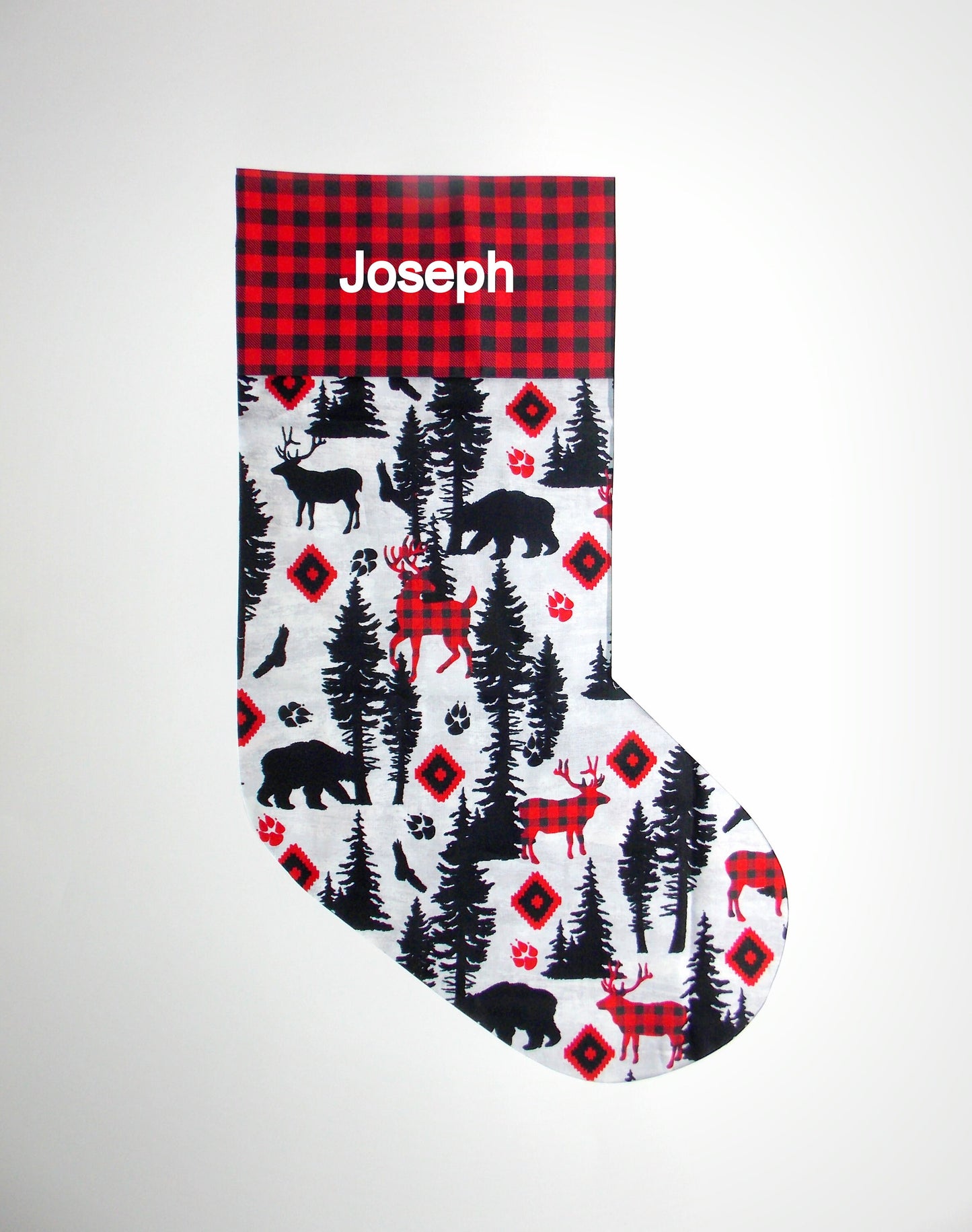 Deer Bear Elk Cabin Decor Plaid Fabric Handmade Christmas Stocking