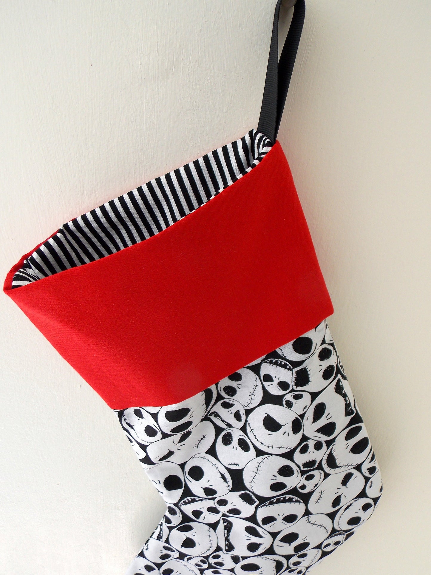 Nightmare before Christmas Stocking, Lined with Black & White Stripes, Red cuff, FREE SHIPPING in USA