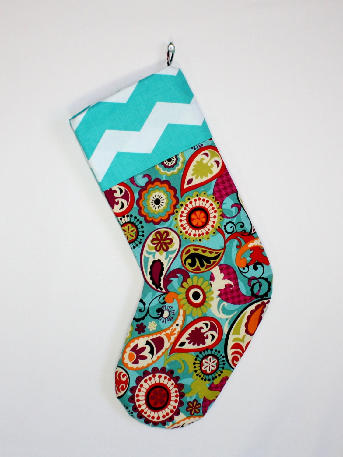 Teal Paisley and Chevron Christmas Stocking, Hand Made, Lined