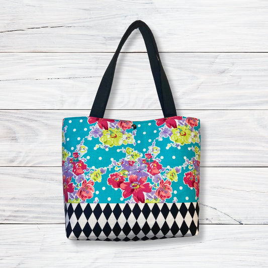 Floral Blue Pretty Shoulder Bag Purse - Black and White Accents